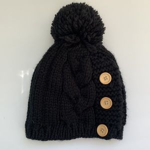 Cozy Cable Knit Black Hat w/Button Detail